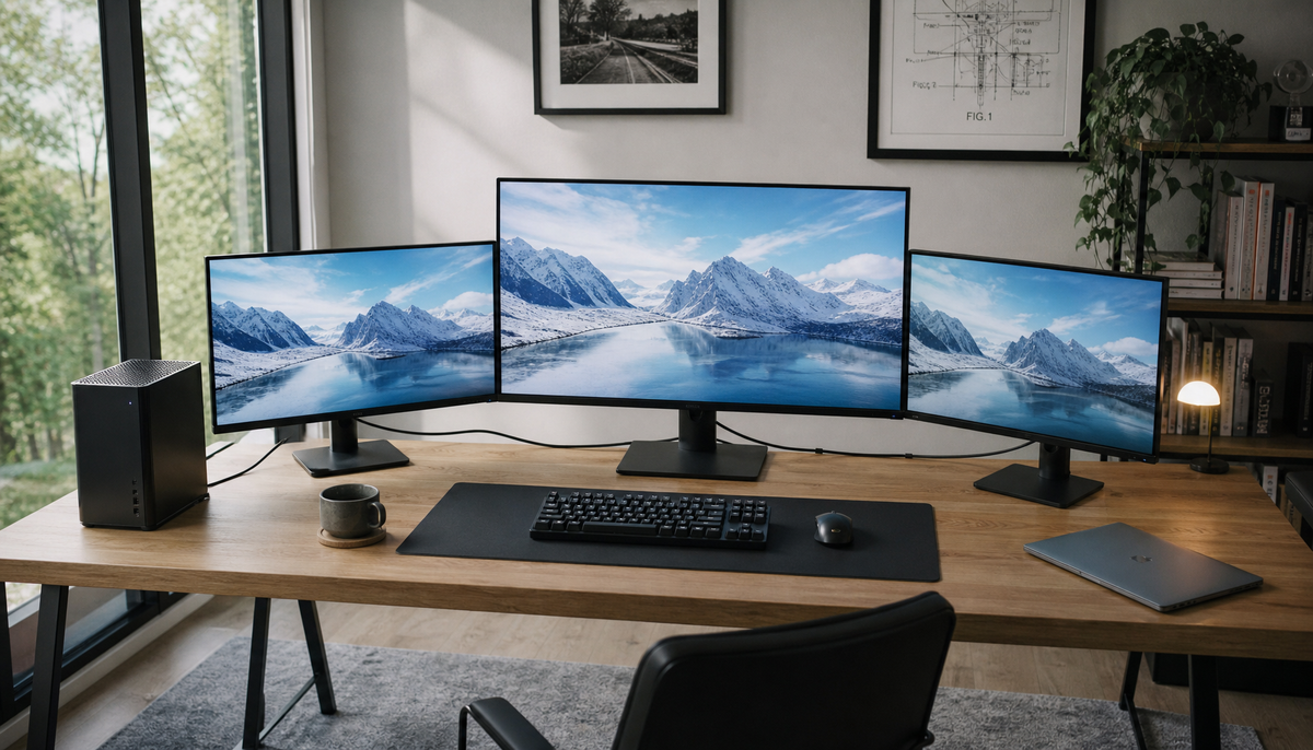 Three monitors daisy-chained via DisplayPort on a modern home office desk with soft natural lighting