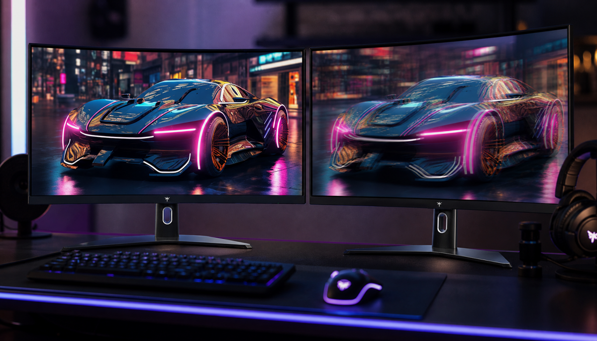 Two gaming monitors side by side showing uneven motion blur — one screen sharp, the other displaying ghosting from mismatched strobe timing