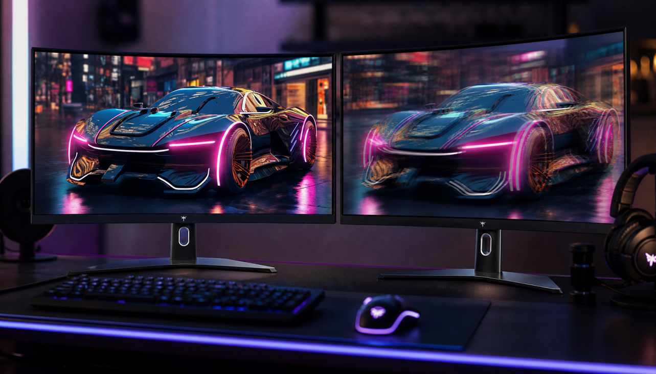 Two gaming monitors side by side showing uneven motion blur — one screen sharp, the other displaying ghosting from mismatched strobe timing
