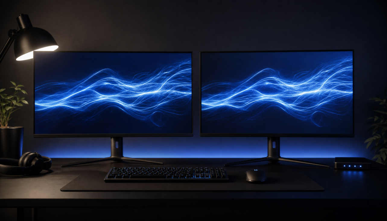 Two identical gaming monitors side by side on a desk, illustrating how monitors from the same production batch can still behave differently