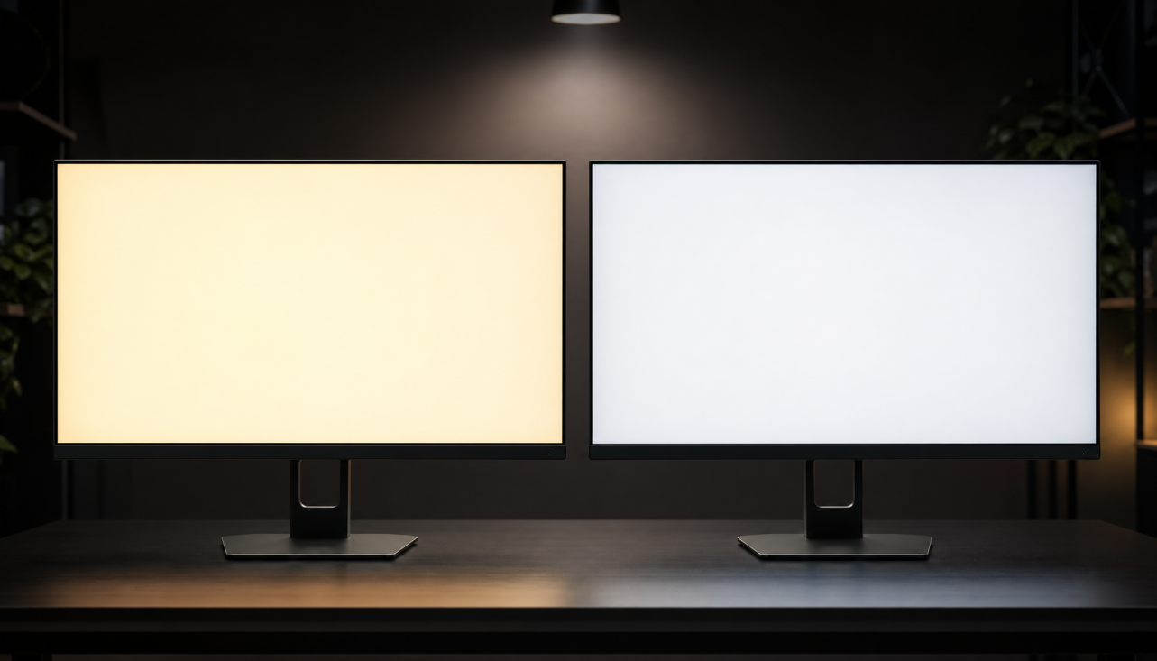Two identical gaming monitors side by side showing different white point colors due to display panel lottery variation