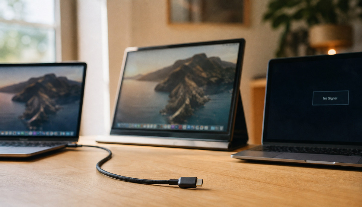 Two laptops on a desk connected to the same USB-C portable monitor — one showing a live image and the other showing no signal, illustrating USB-C compatibility differences
