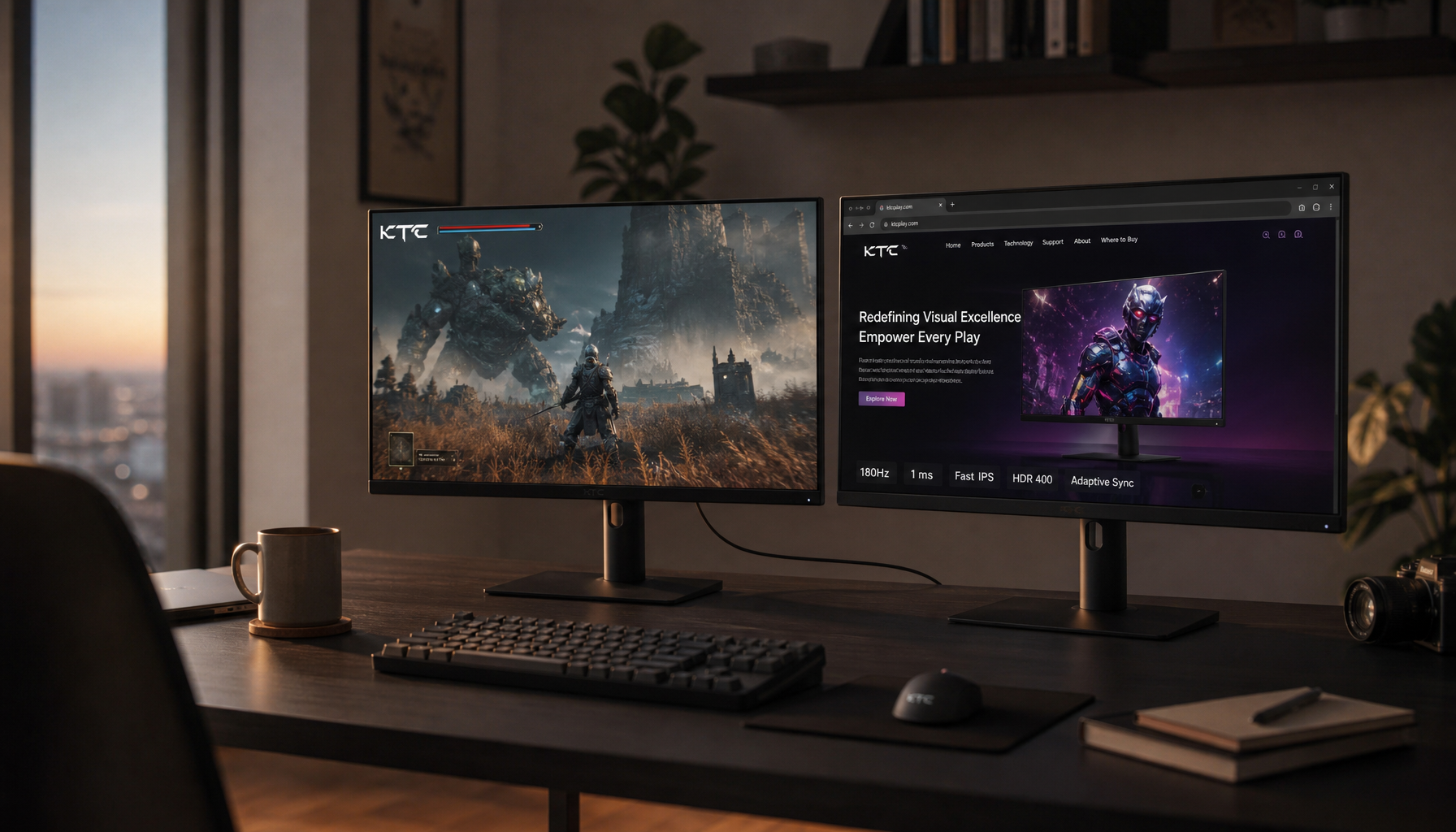 Two monitors daisy-chained via a single DisplayPort cable on a clean desk setup