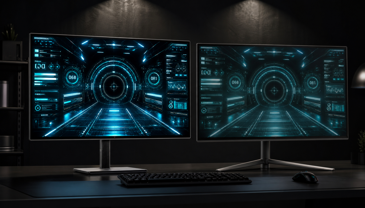 Two monitors displaying the same blue-green color with visibly different results, illustrating color space inconsistency across display types