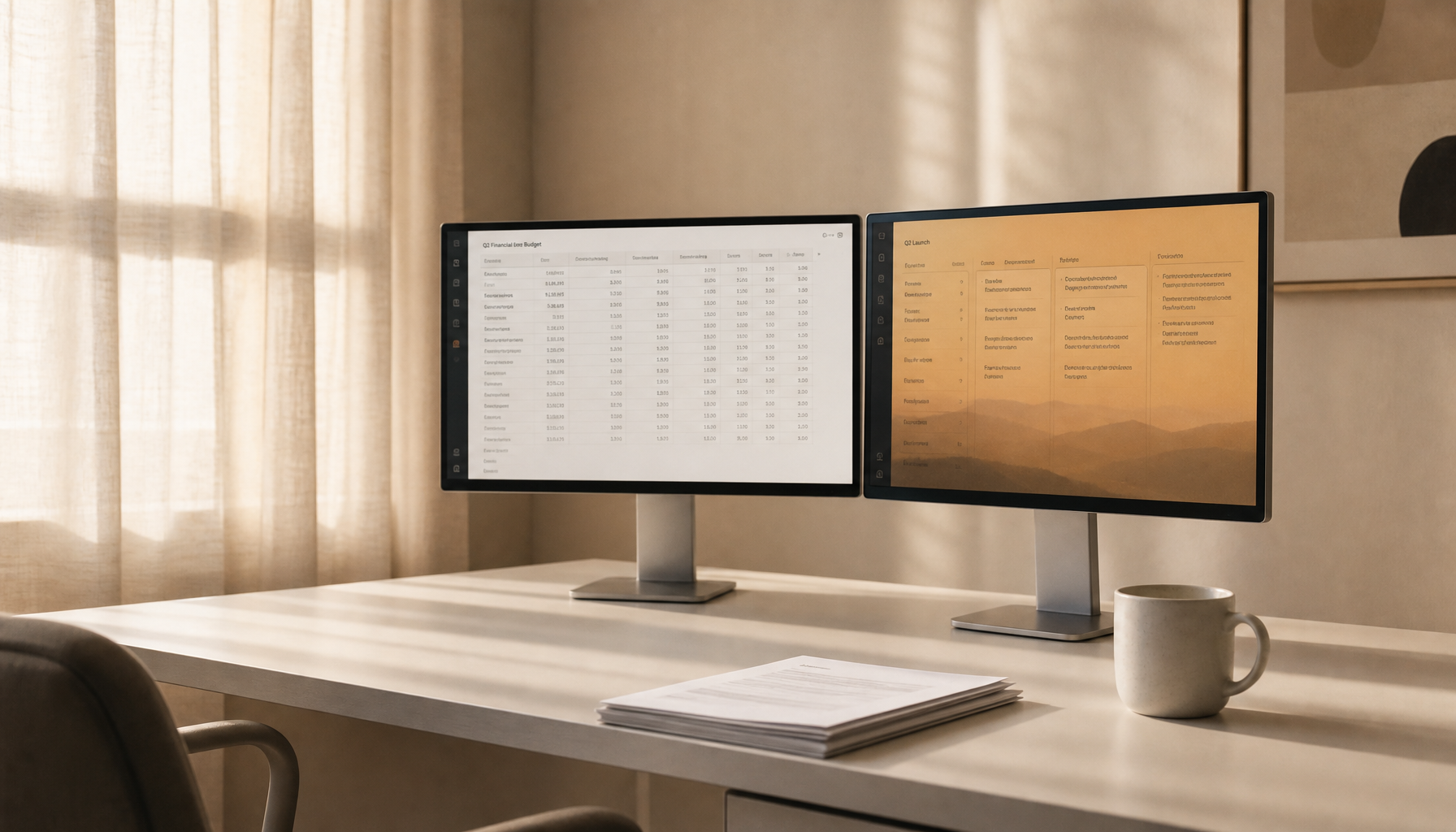 Two monitors on a desk showing different color temperatures, illustrating the display mismatch that causes color perception fatigue when switching between home and office screens.