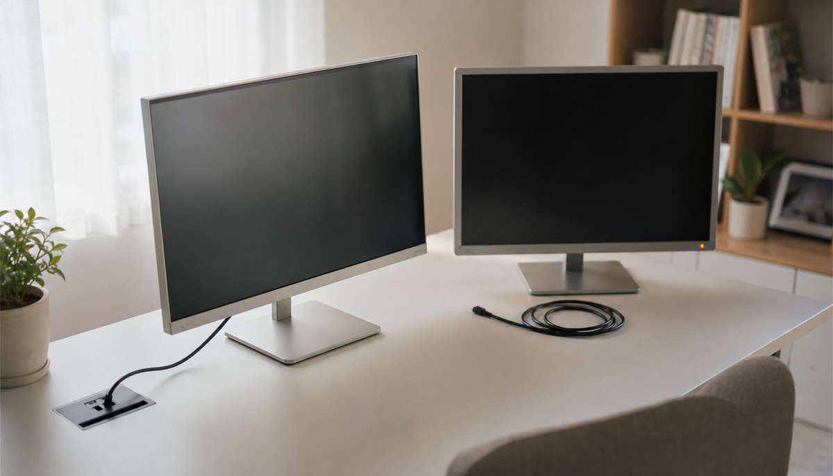 Two monitors on a desk with only one connected via HDMI, illustrating the challenge of daisy-chaining displays without DisplayPort MST