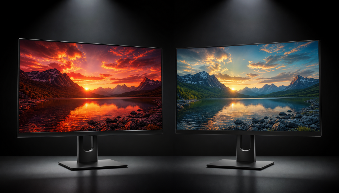 Two monitors showing the same image in DCI-P3 and Adobe RGB color spaces side by side