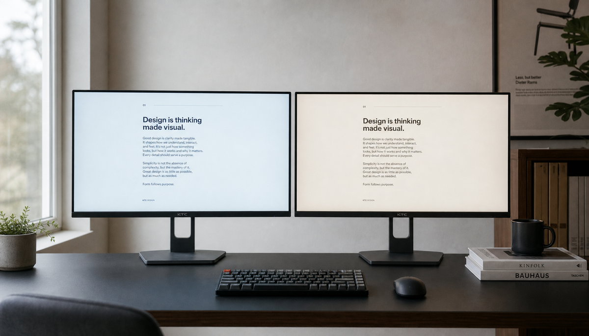 Two monitors side by side on a desk showing the same white page, one with a cooler blue-white tone and one with a warmer neutral tone, illustrating a brightness and color temperature mismatch