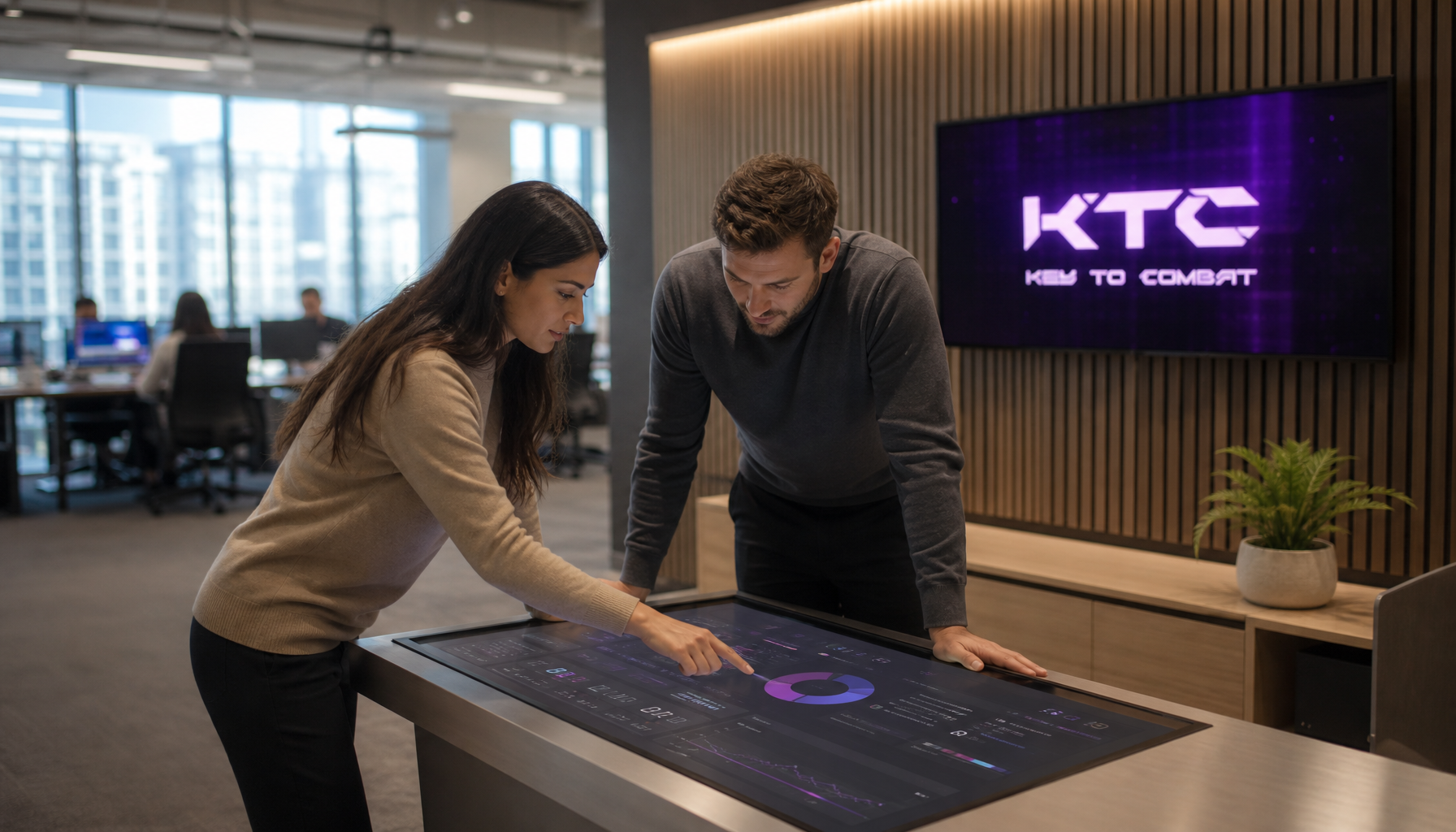 Two office workers collaborating over a large angled touchscreen display in a modern touchdown space