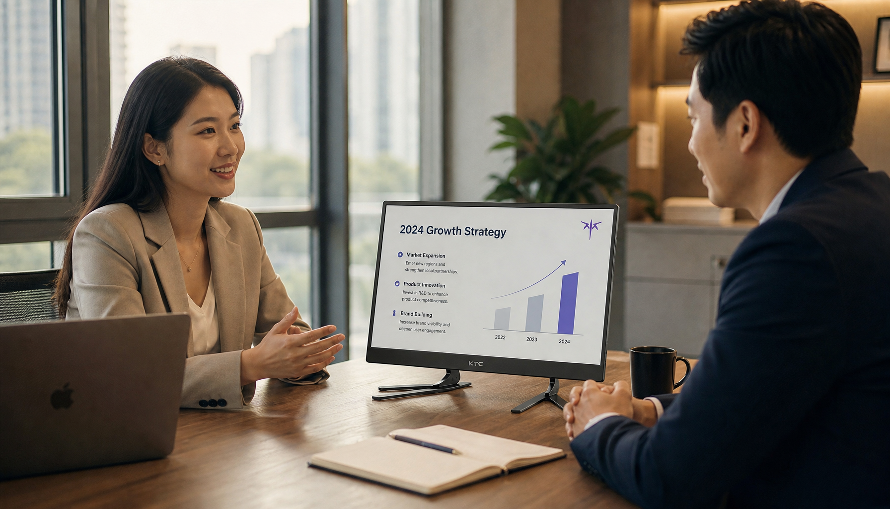 Two professionals reviewing a presentation on a portable monitor placed on a conference table during a client meeting
