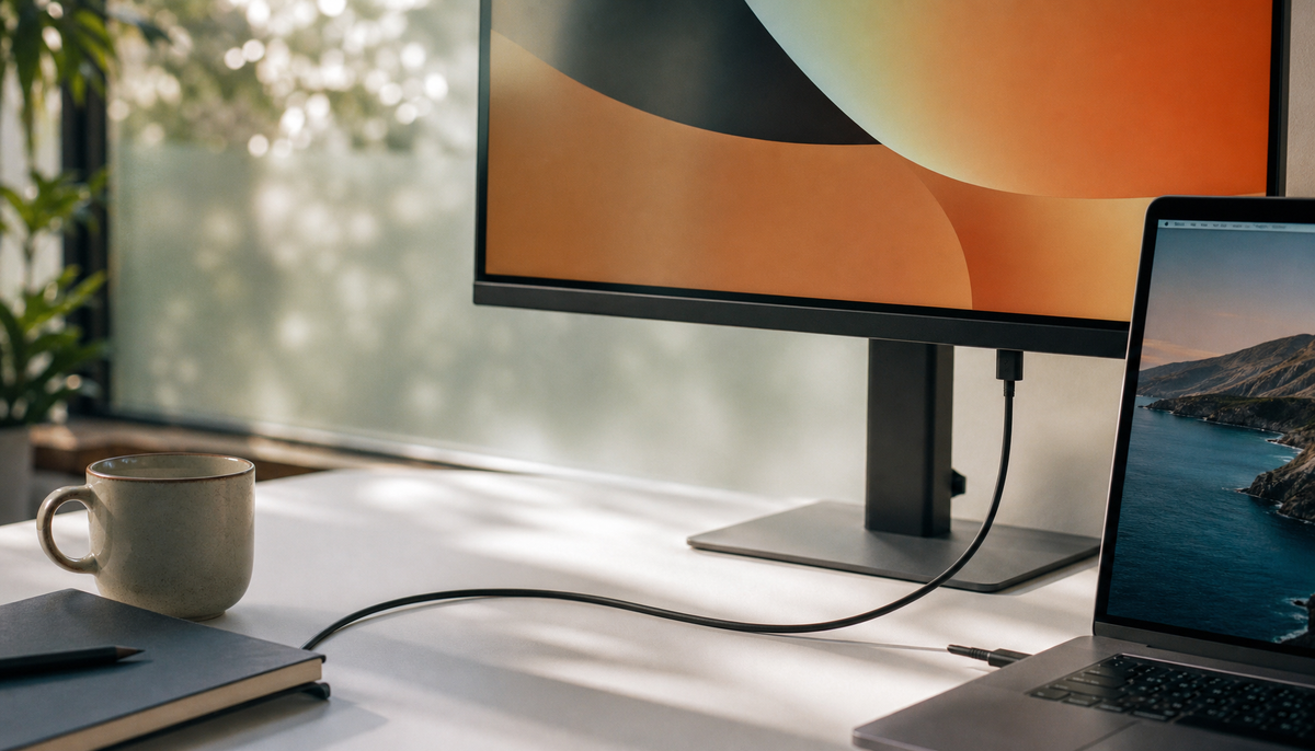 USB-C cable connecting a laptop to a monitor on a clean desk, illustrating whether any USB-C cable can carry video