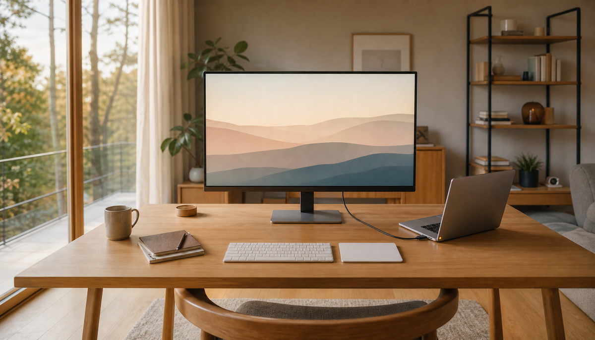 USB-C cable connecting a laptop to a widescreen monitor for single-cable charging and display