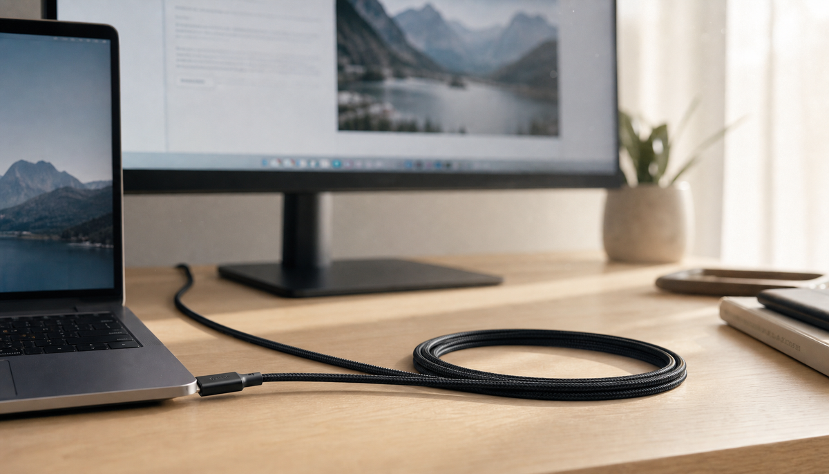 USB-C cable connecting a laptop to an ultrawide monitor on a clean home office desk