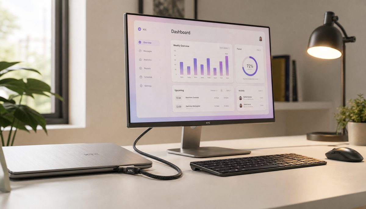 USB-C monitor connected to a laptop with a single cable on a tidy desk, showing one-cable charging and display setup