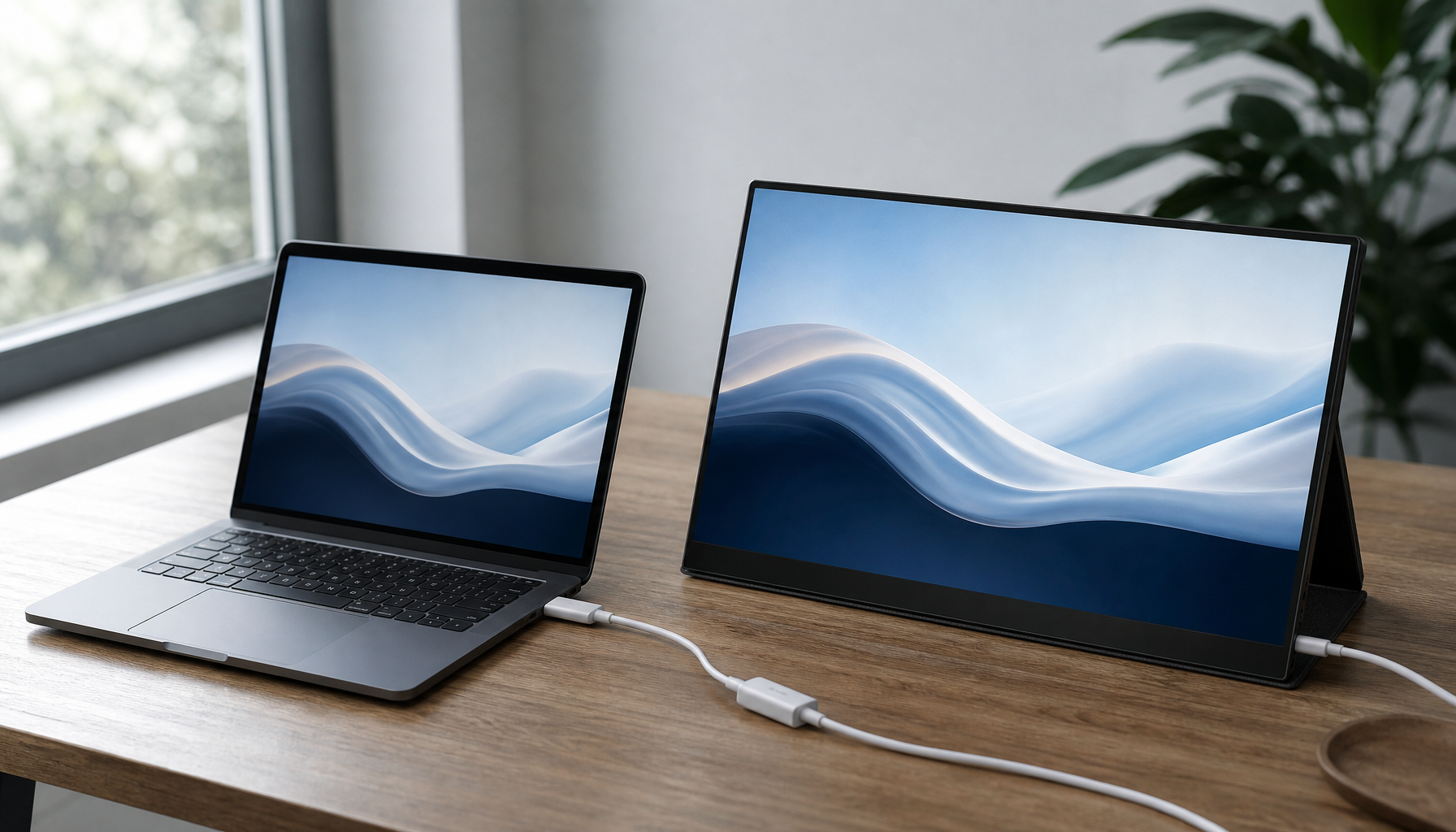 USB-C to HDMI adapter connecting a laptop to a portable monitor on a desk, with a separate USB power cable