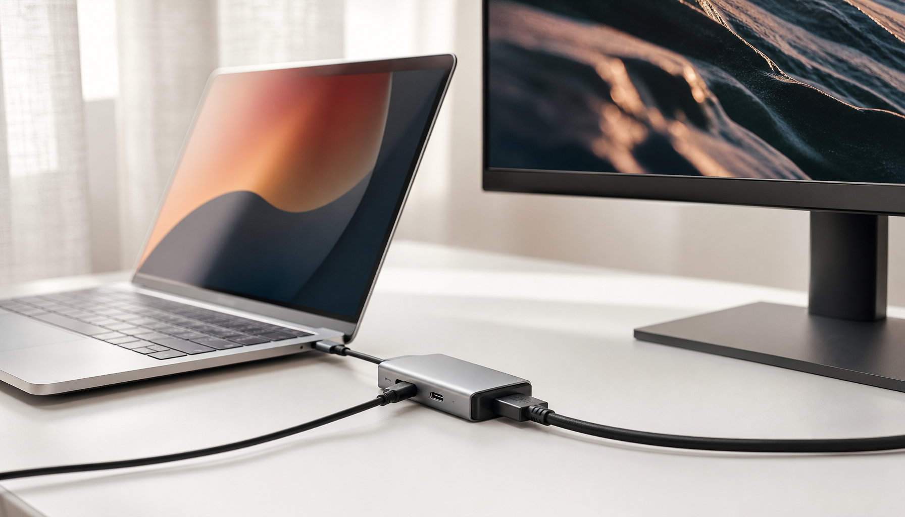 USB-C to HDMI adapter connecting a laptop to an external monitor while charging through Power Delivery pass-through