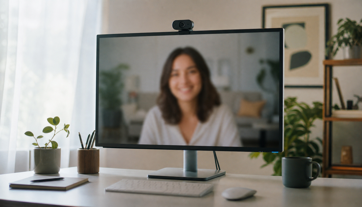 USB webcam connected to a smart monitor on a clean desk, showing an active video call without a PC