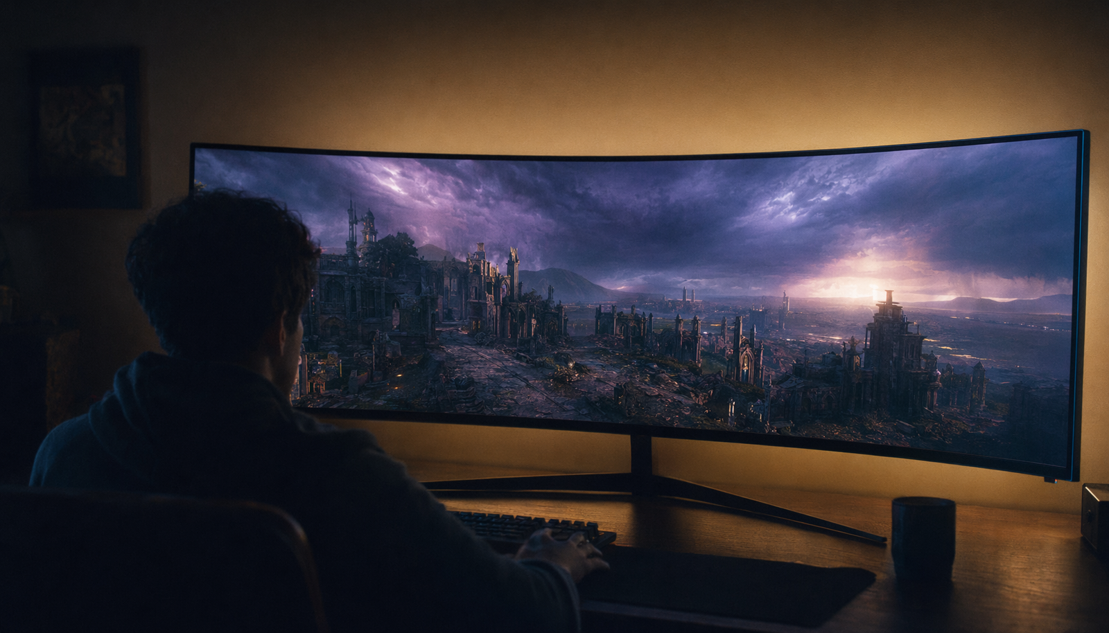 Ultrawide curved gaming monitor displaying a cinematic open-world scene with dramatic storm sky, set up in a dark gaming room