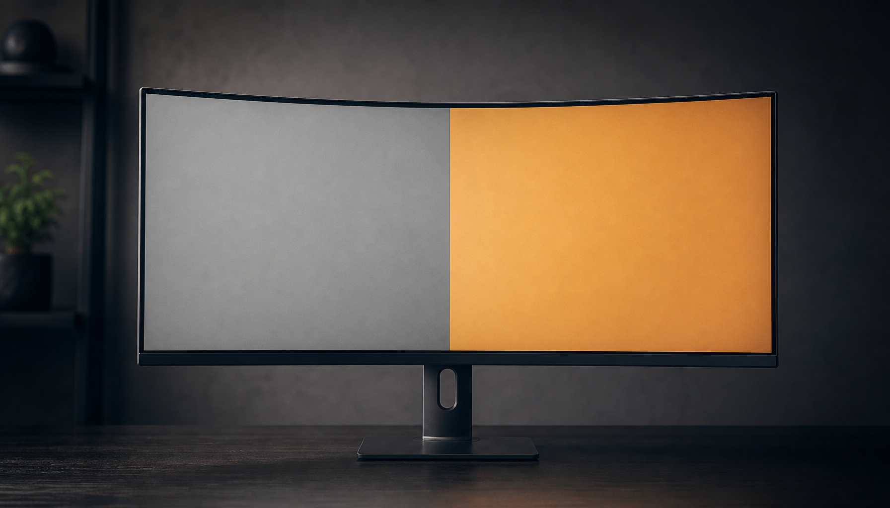 Ultrawide curved gaming monitor displaying a color gradient test pattern to illustrate color accuracy across the wide screen