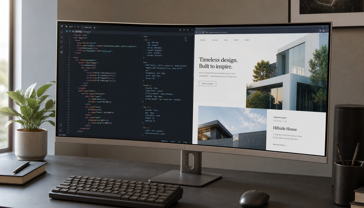 Ultrawide curved monitor showing two snapped windows side by side on a clean minimalist desk