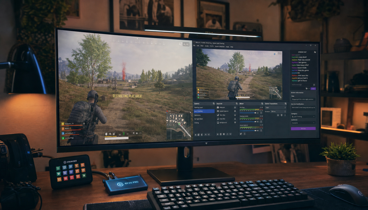 Ultrawide gaming monitor showing gameplay alongside streaming software in a dark gaming setup