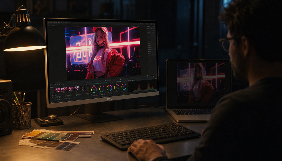 Video editor at a professional color grading workstation comparing a correctly graded timeline to a dark, shadow-crushed version on a second monitor