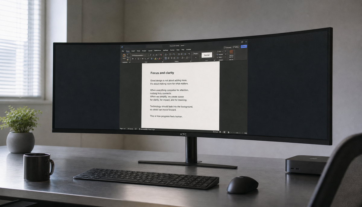 Wide 49-inch super-ultrawide curved monitor on a minimalist desk showing a single centered document, illustrating the overwhelming scale of 32:9 for focused work