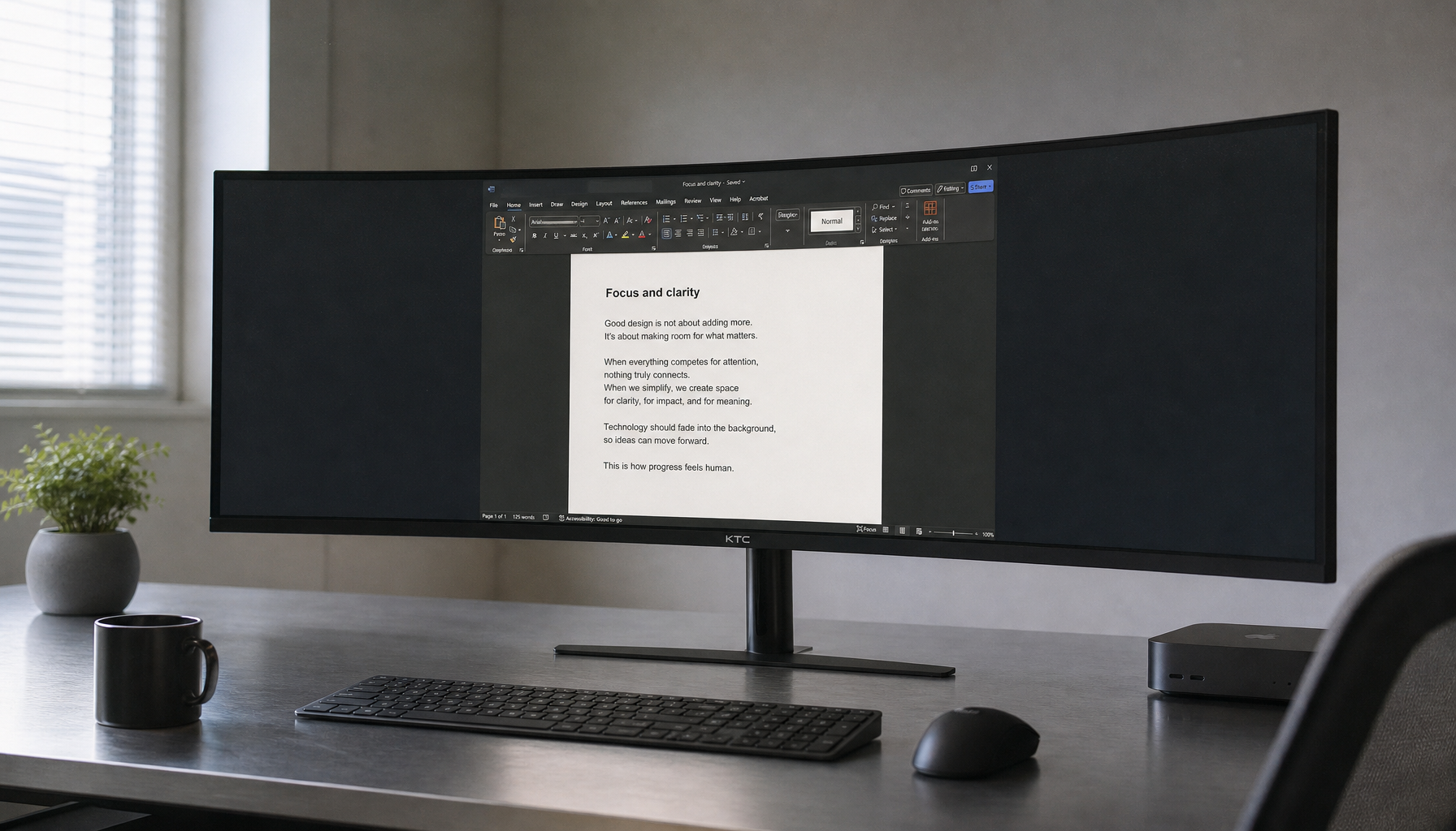 Wide 49-inch super-ultrawide curved monitor on a minimalist desk showing a single centered document, illustrating the overwhelming scale of 32:9 for focused work