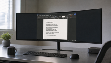 Wide 49-inch super-ultrawide curved monitor on a minimalist desk showing a single centered document, illustrating the overwhelming scale of 32:9 for focused work