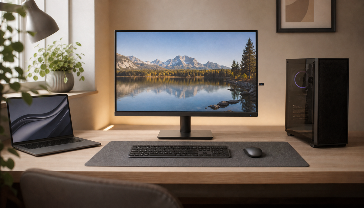 Wireless keyboard and mouse sharing a single 2.4 GHz receiver through a monitor’s built-in KVM with a gaming desktop and laptop on the same desk