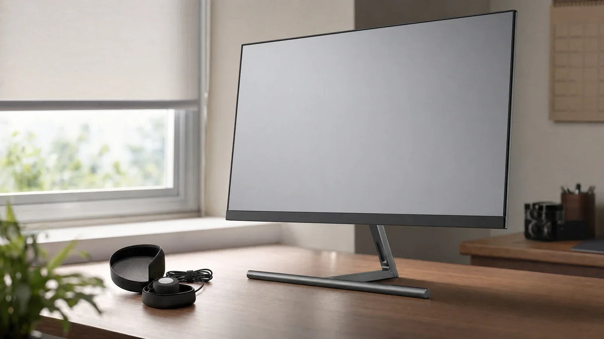 KTC monitor on wooden desk beside open wireless earbuds case near window