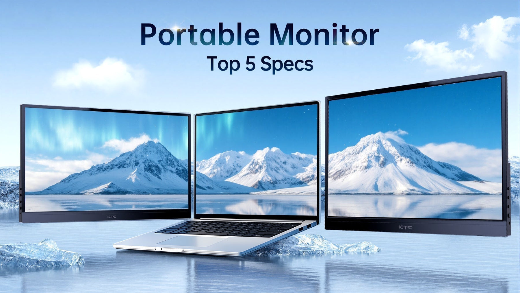 A stunning mobile workstation setup featuring a laptop and two portable monitors, all displaying a vibrant Aurora Borealis over snowy mountains on a reflective, icy surface