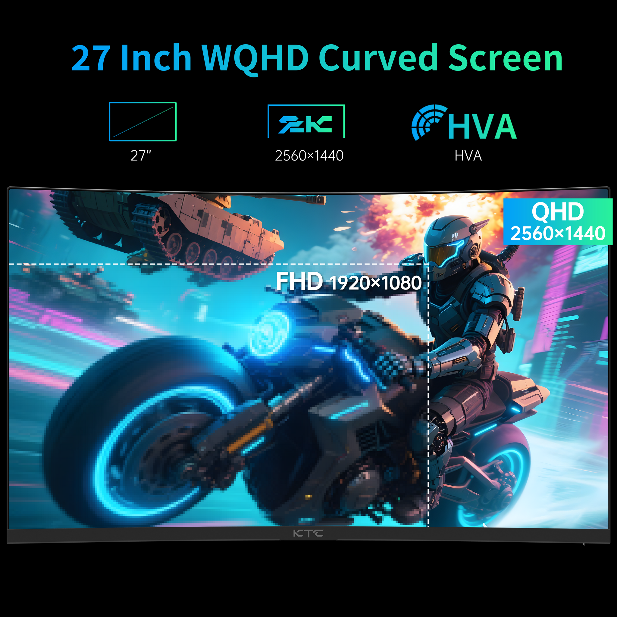 KTC 27-inch curved gaming monitor showcasing WQHD resolution and HVA panel for esports, featuring gaming visuals