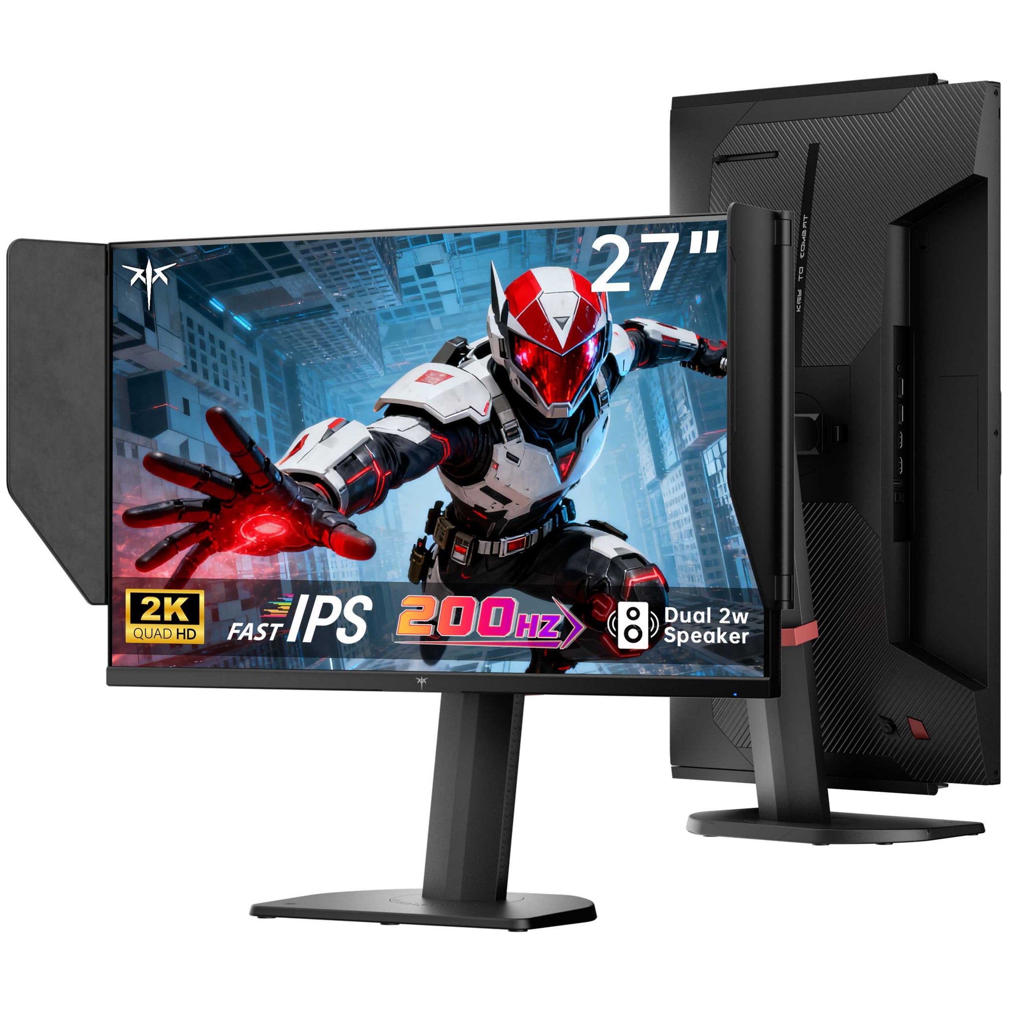 KTC 27-inch 2K 210Hz gaming monitor displaying action game with dual speakers and fast IPS panel