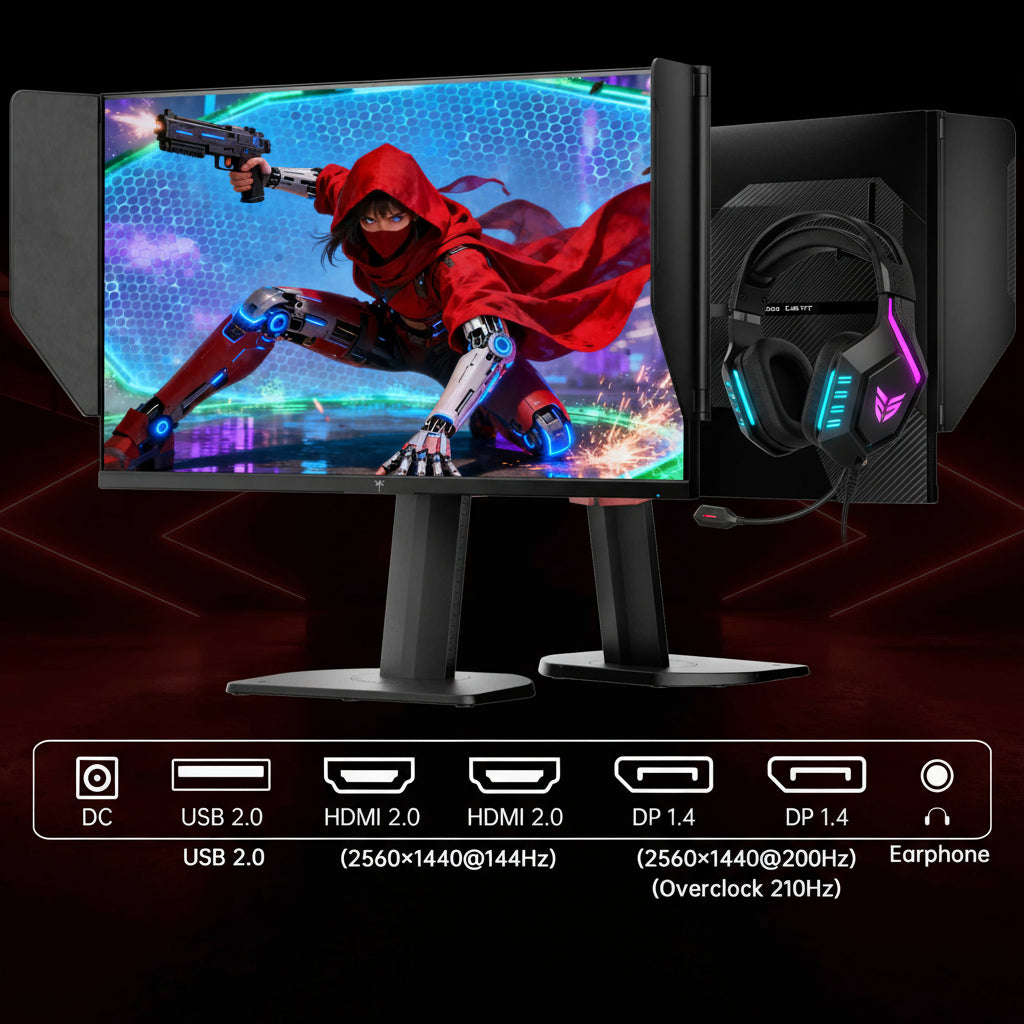 KTC 27-inch monitor connectivity ports including HDMI 2.0, DisplayPort 1.4, USB 2.0 and resolution specifications