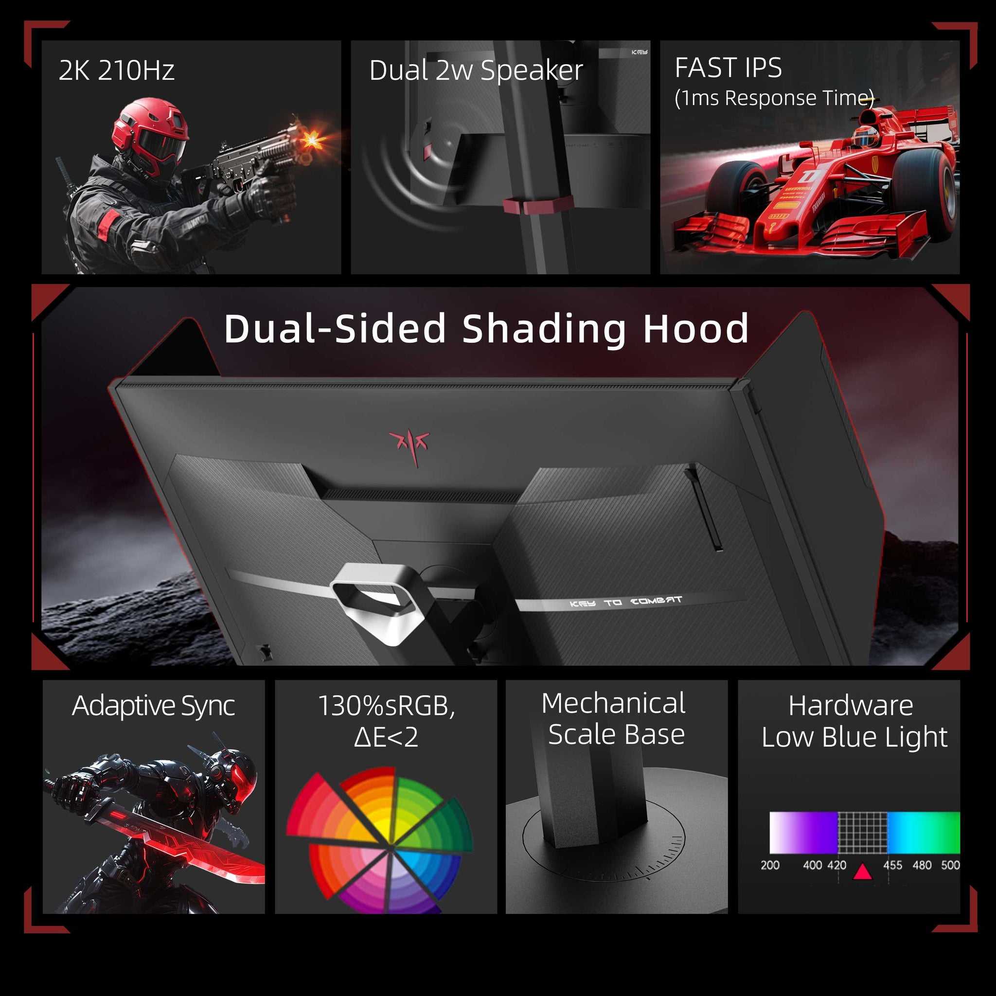 KTC gaming monitor features overview showing dual-sided shading hood, adaptive sync, and color accuracy specifications