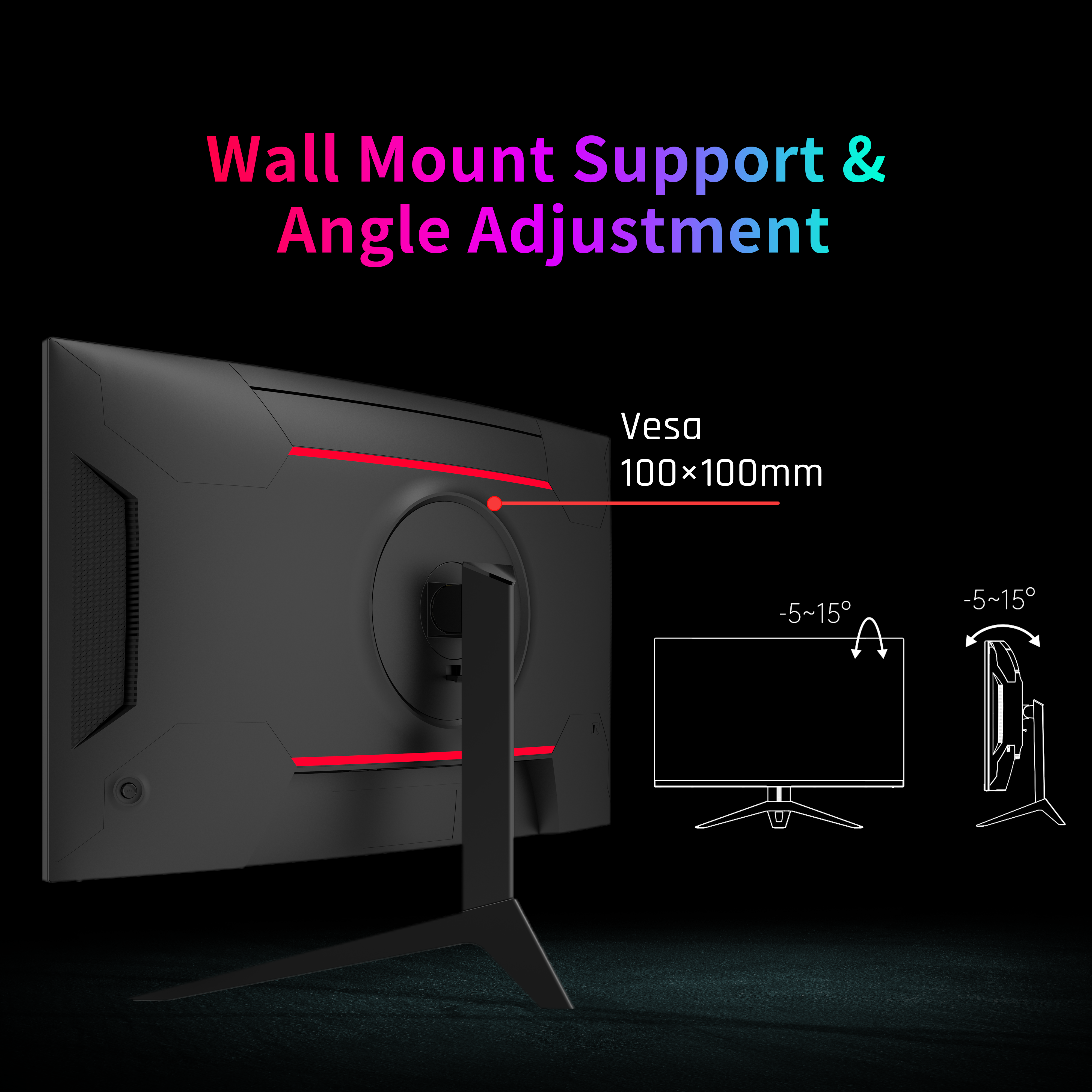 KTC 32" Gaming Monitor wall mount support with angle adjustment, VESA 100x100mm, black design, esports display