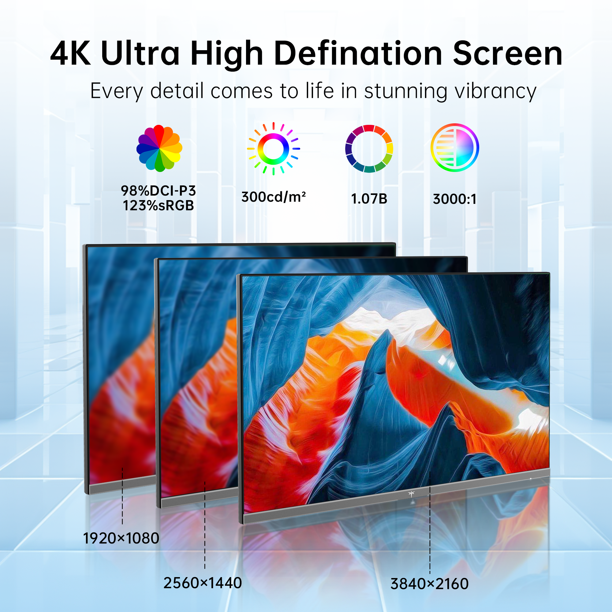 KTC 4K Smart Monitor showcasing vibrant display: 98% DCI-P3, 1.07B colors, and multiple resolutions for immersive visuals
