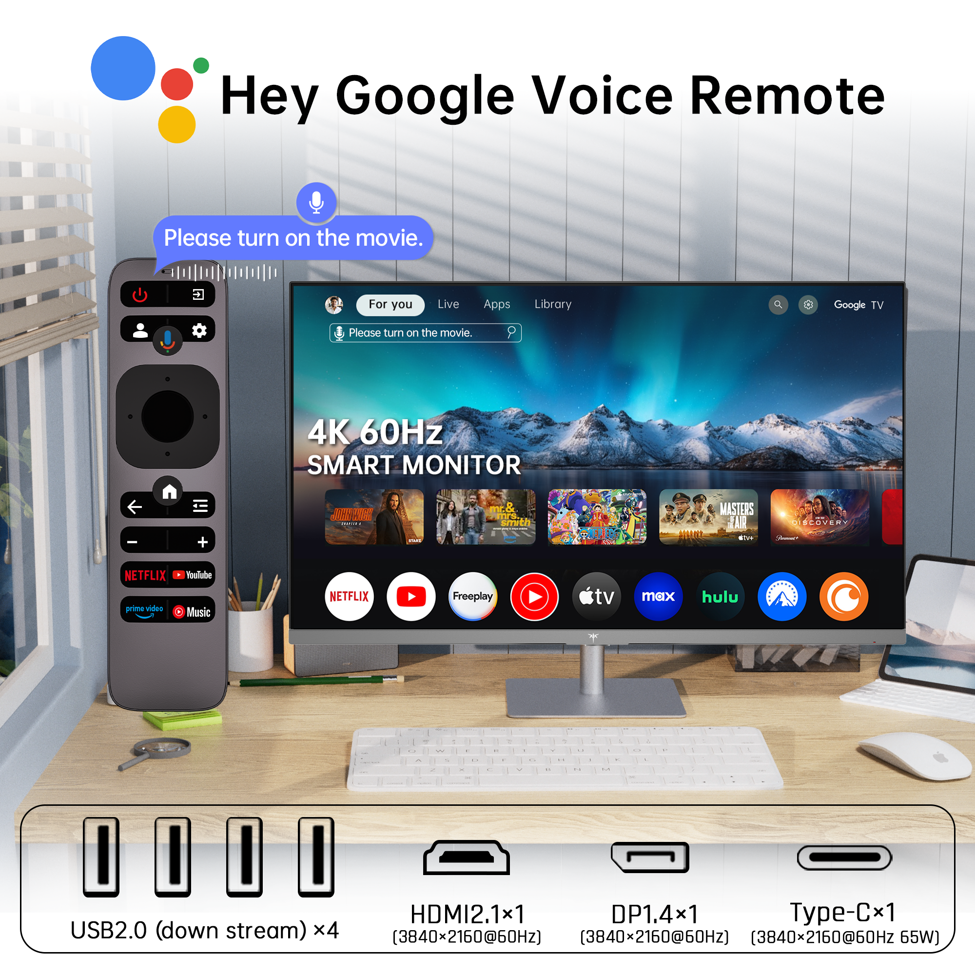 KTC 4K Smart Monitor with Google TV, Netflix streaming, voice control, HDMI, DP, USB, Type-C ports