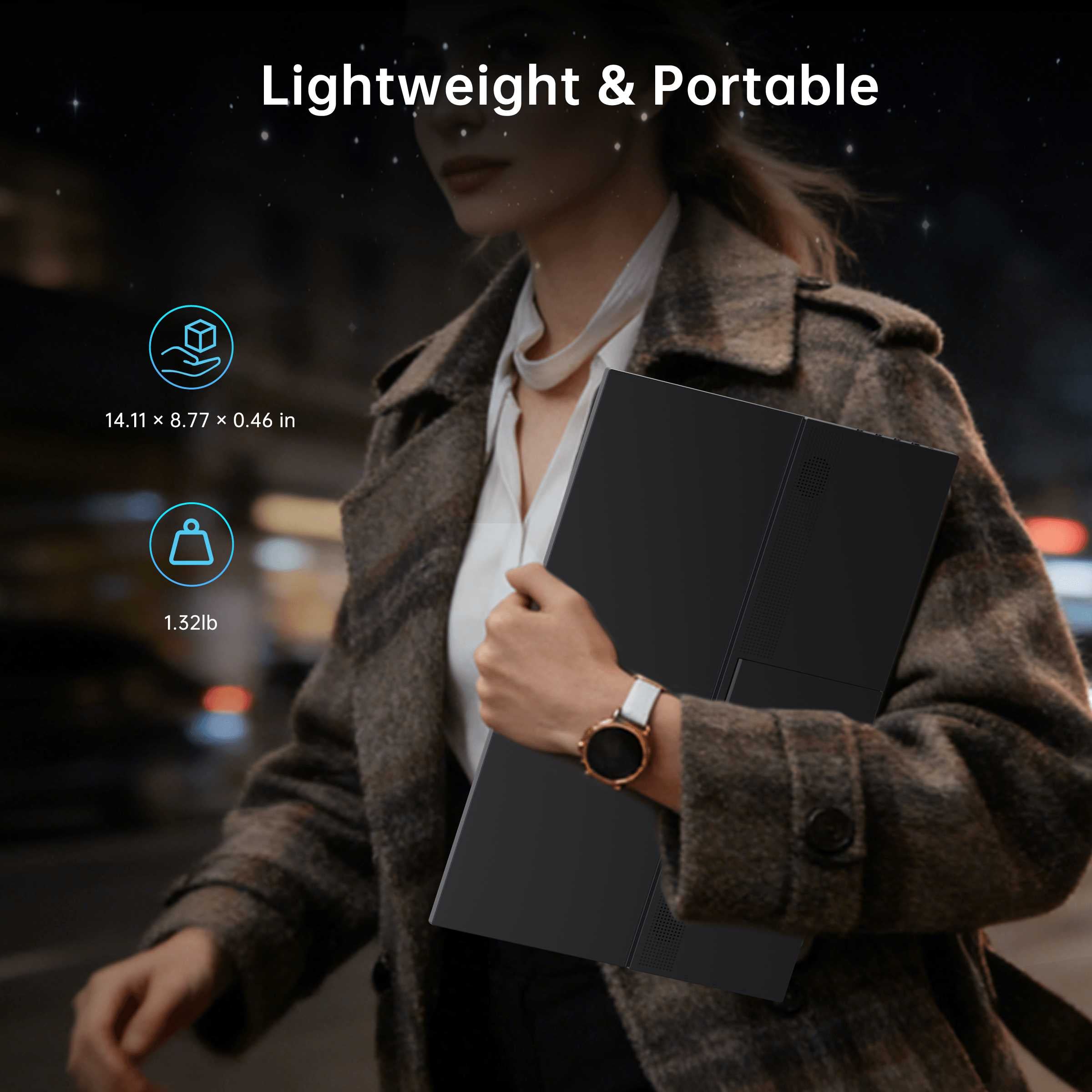 KTC 15.6-inch portable travel monitor with slim dark metal back and built-in speakers
