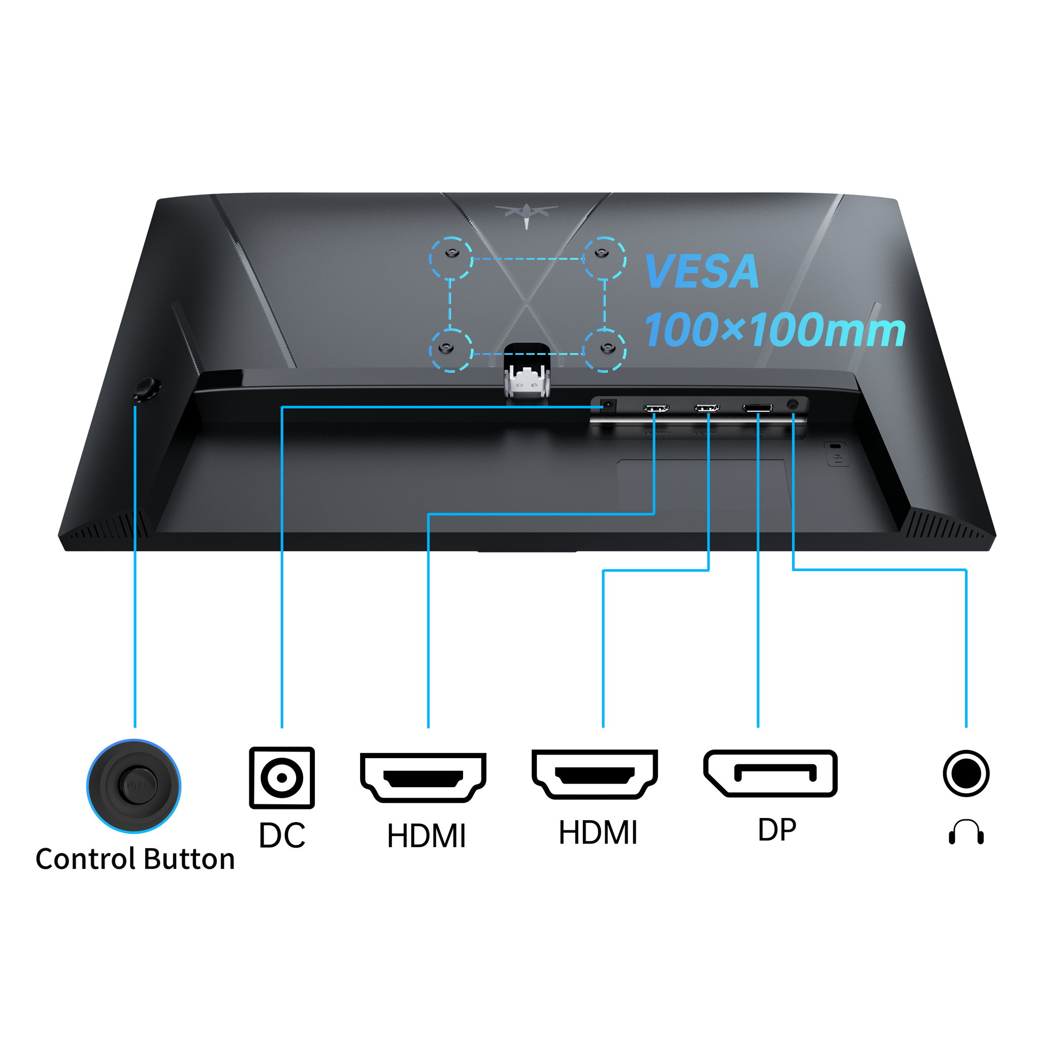 KTC 24-inch gaming monitor rear view with VESA mount, control button, and multiple ports for connectivity