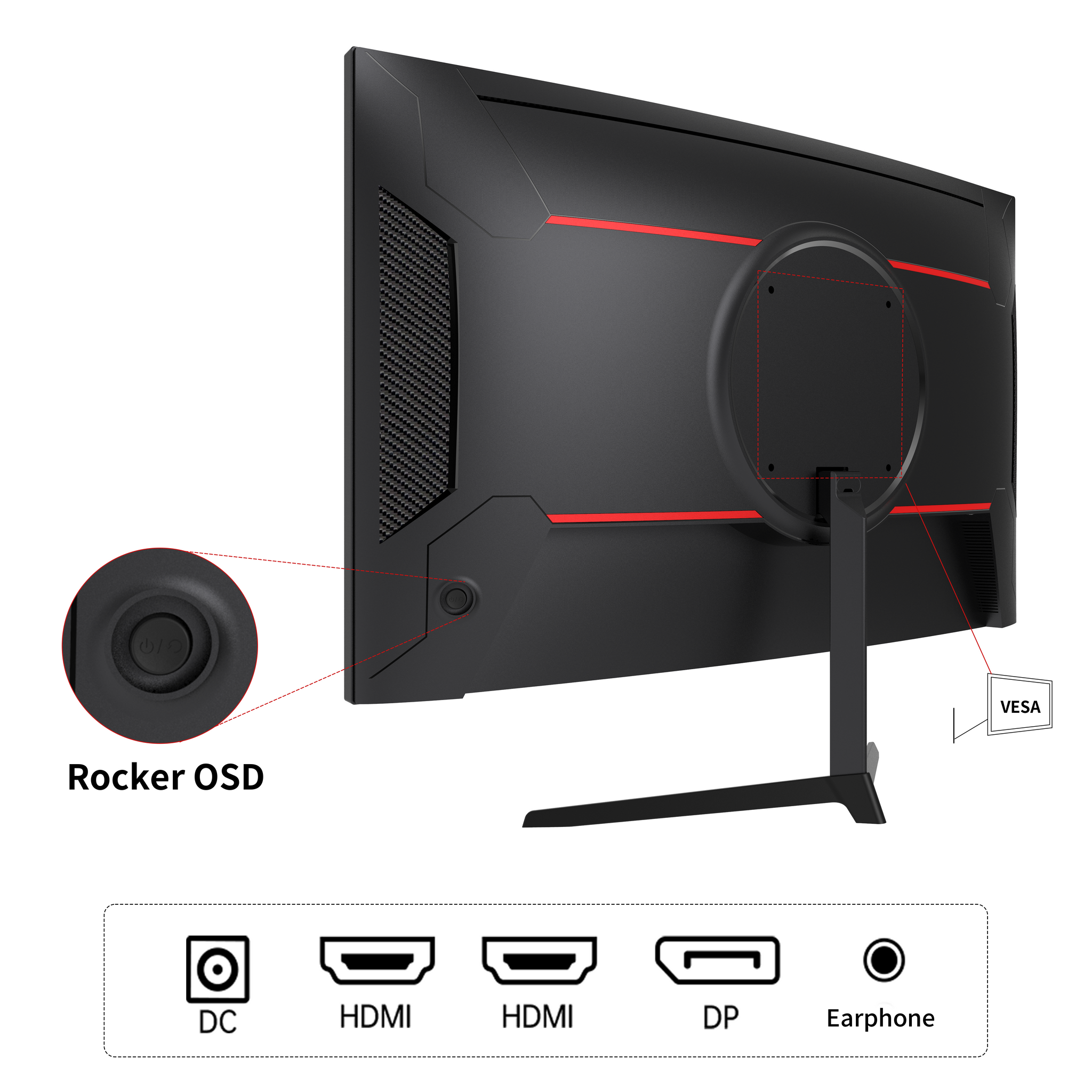 KTC 24 inch curved gaming monitor, black with red accents, includes ports and VESA mount. Perfect for esports players.