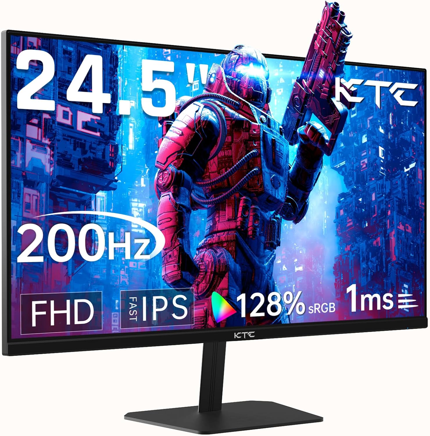 KTC 24.5-inch FHD gaming monitor with slim bezel, black stand, and red base accent