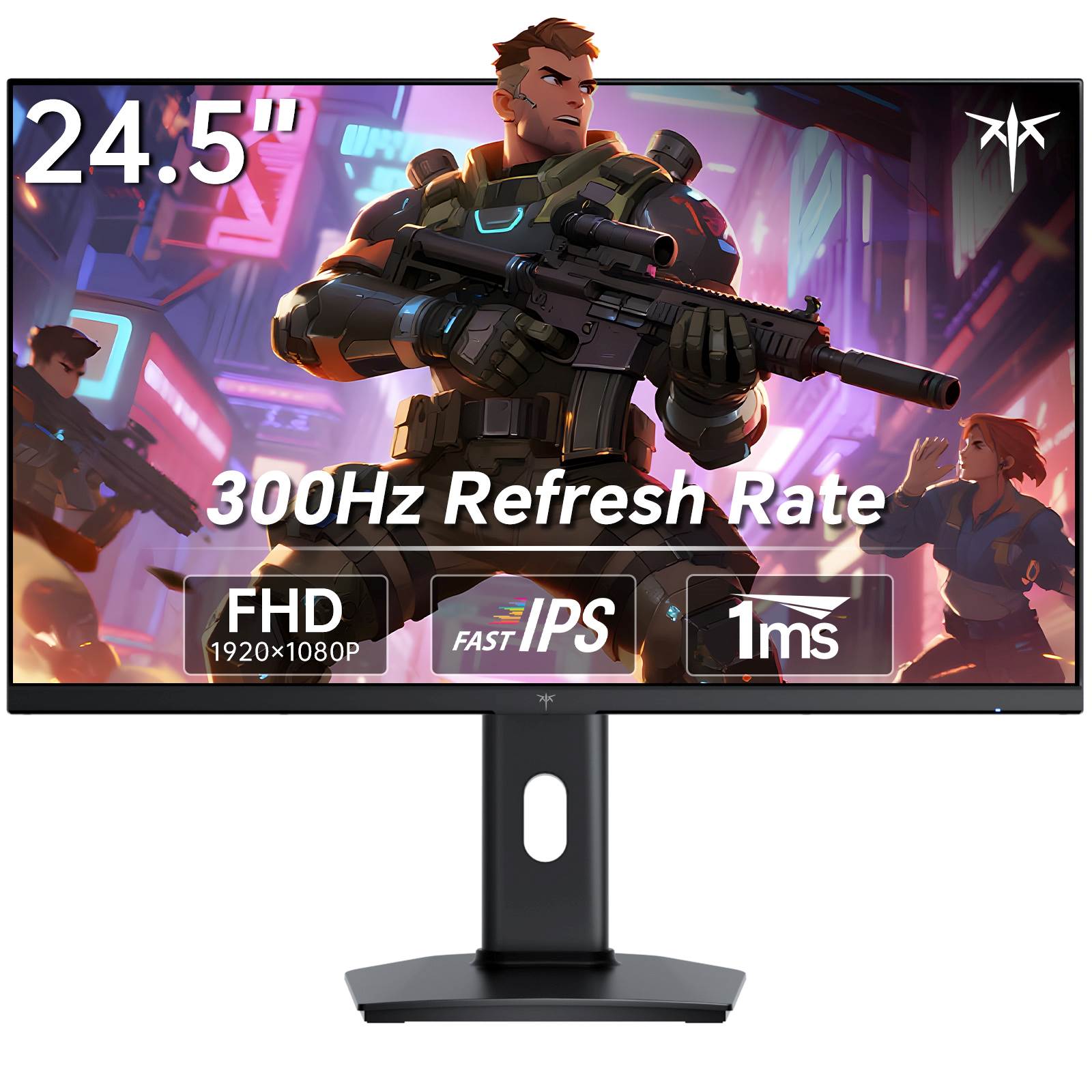 Gaming monitor with a character holding a gun on the screen, displaying specifications.