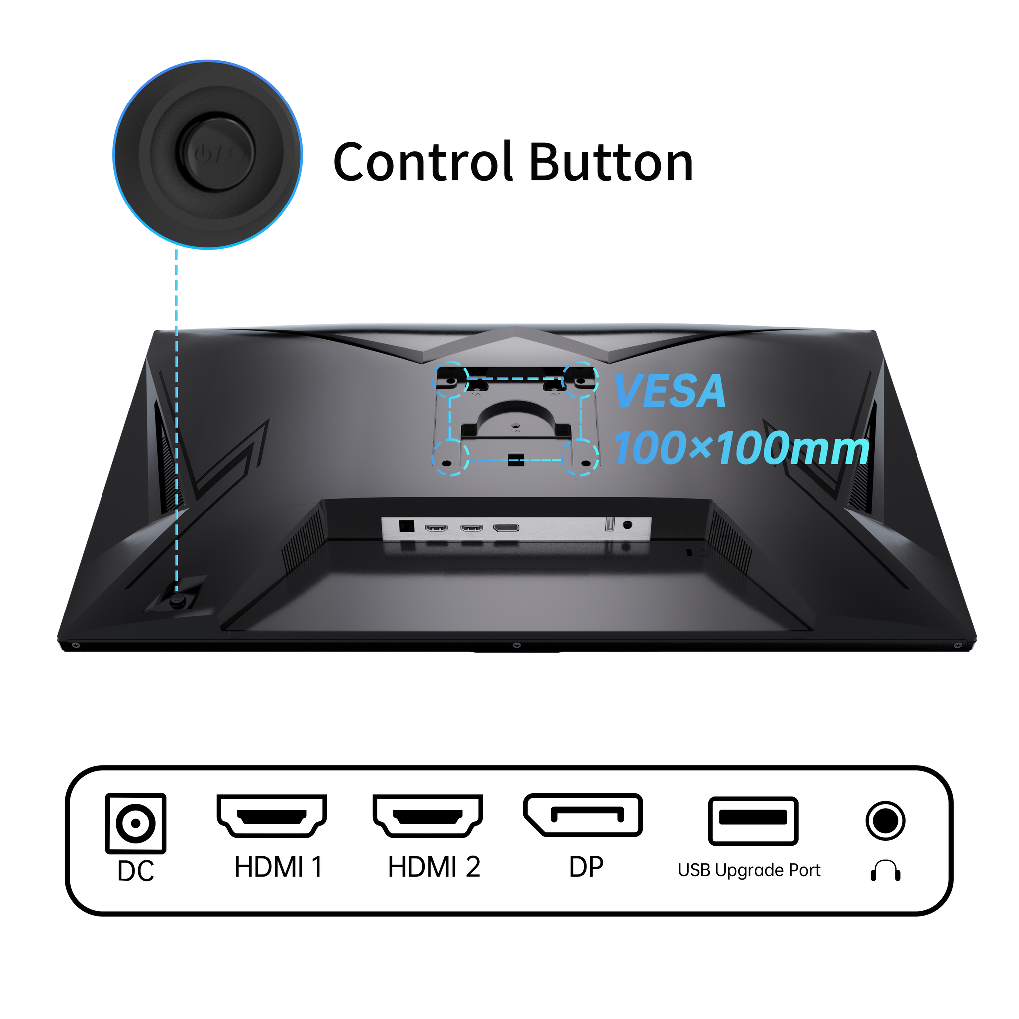 KTC gaming monitor rear view, featuring VESA mount and connectivity ports