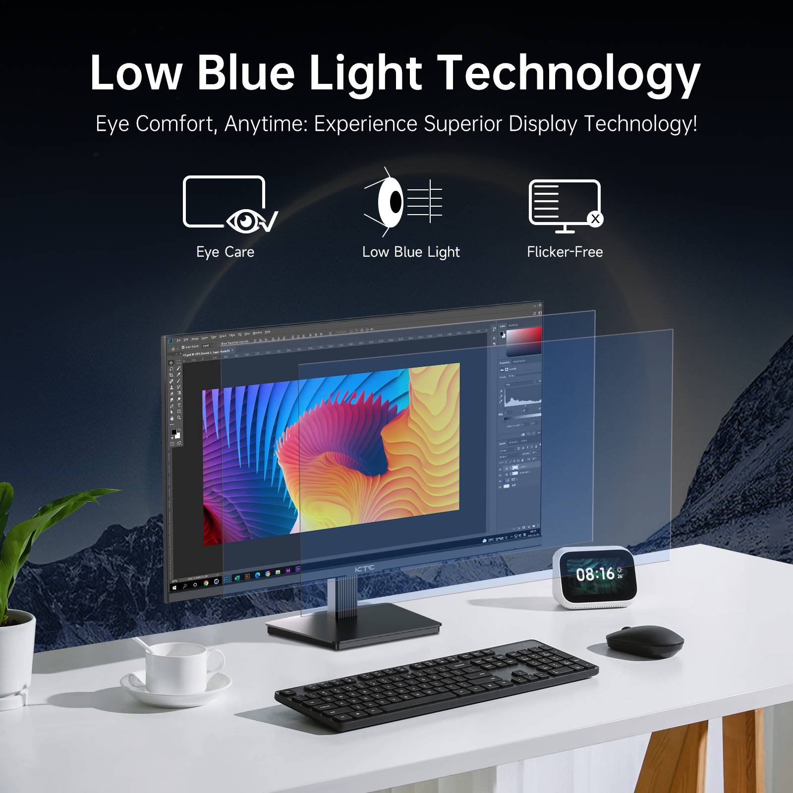 KTC monitor with low blue light and flicker-free technology for eye comfort.