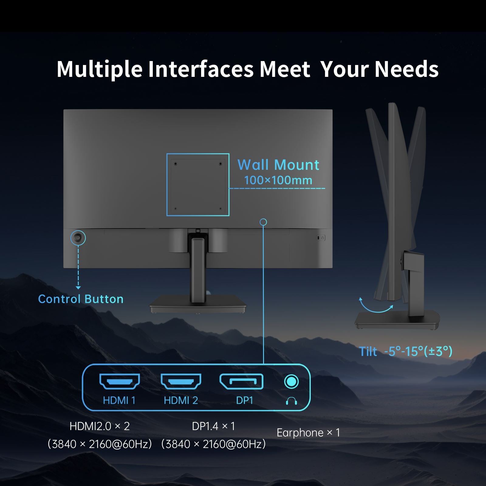 KTC monitor interfaces: 2x HDMI 2.0, DP 1.4, audio jack, and VESA mount support.