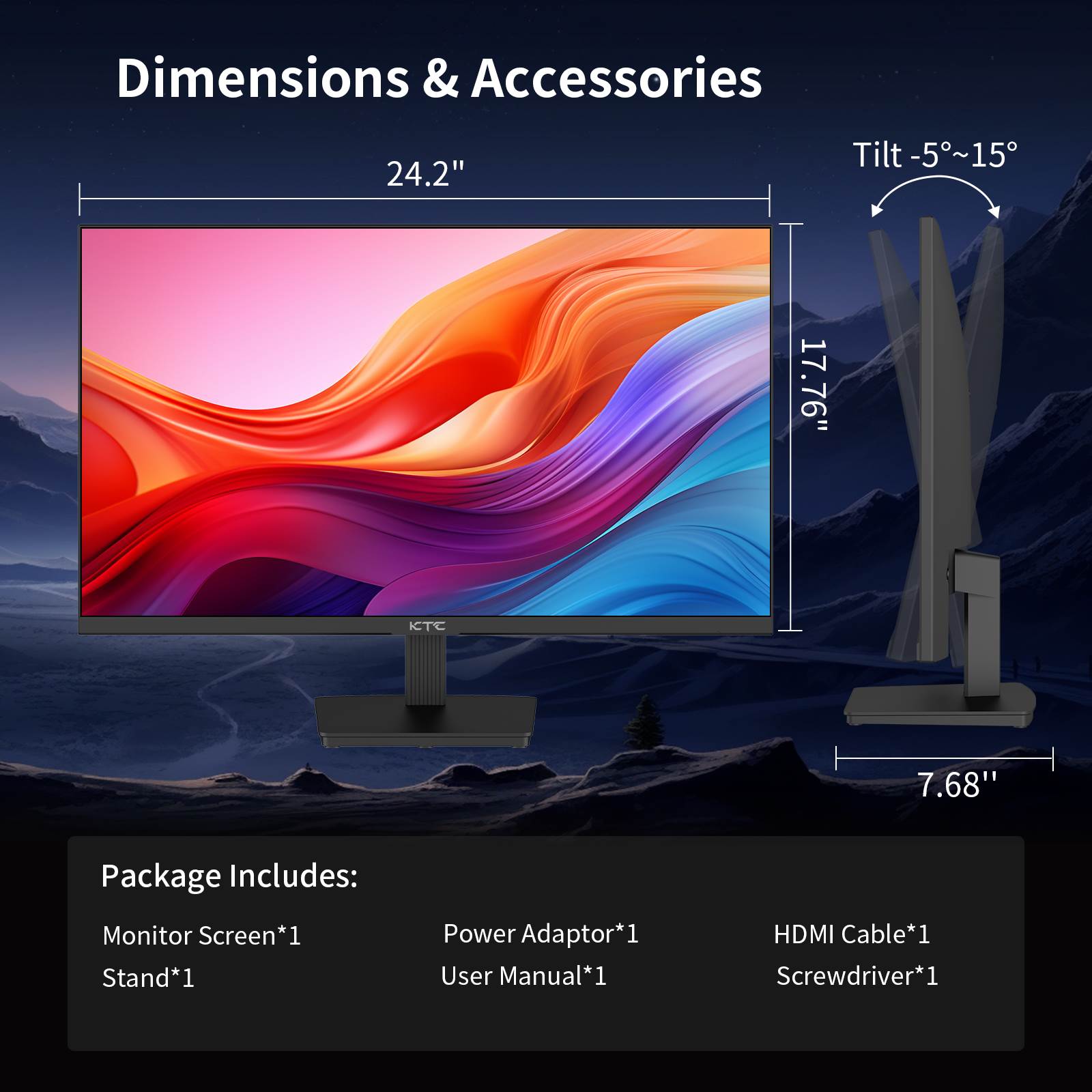 KTC monitor dimensions and package accessories including stand, power adaptor, and HDMI cable.