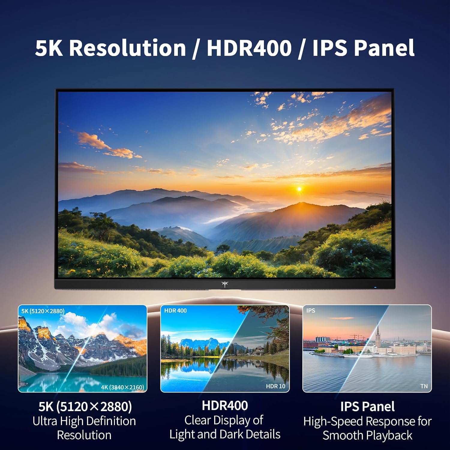 Monitor with 5K resolution, HDR400, and IPS panel features displayed on a blue gradient background.