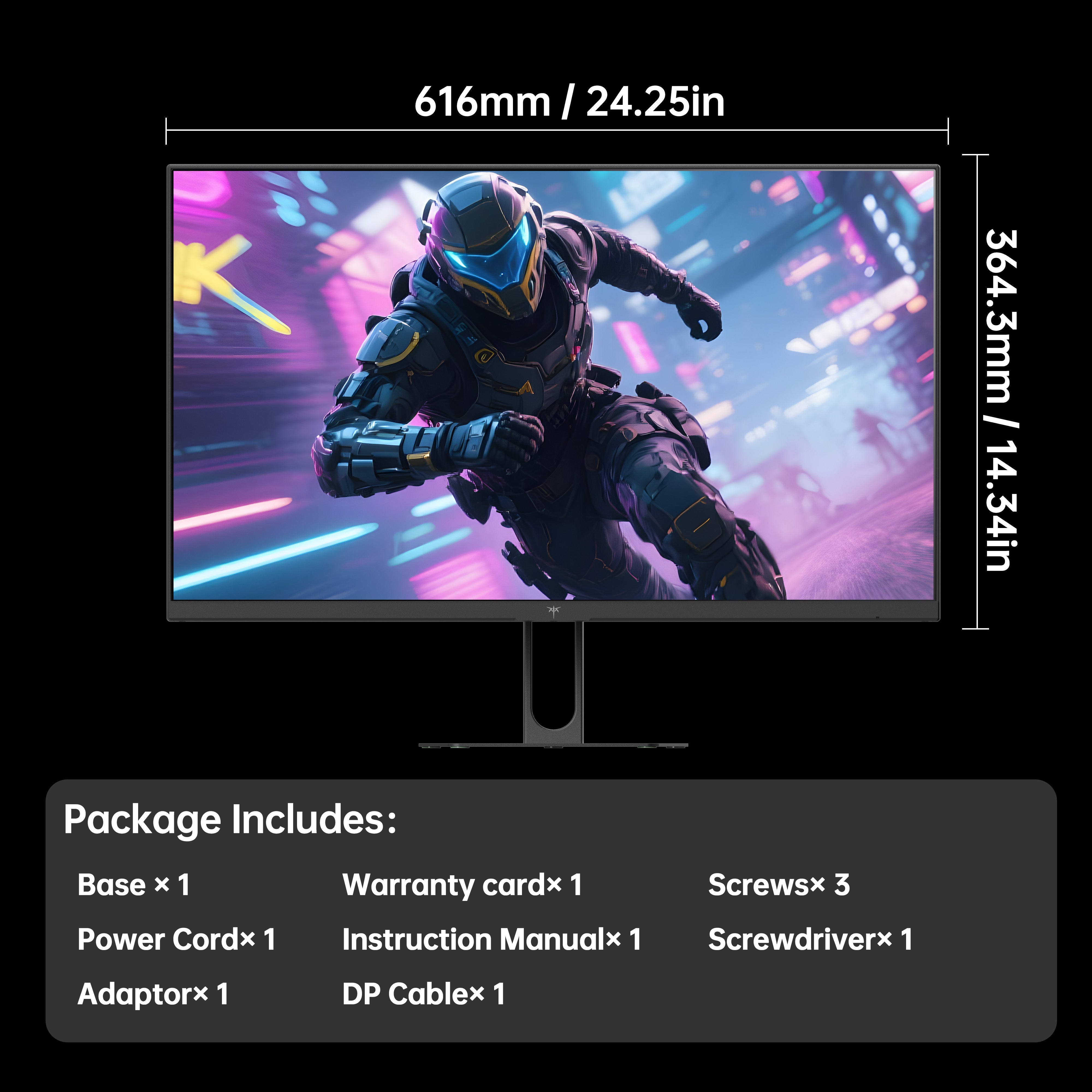 KTC 27-inch gaming monitor with dimensions and package contents, including cables and accessories.